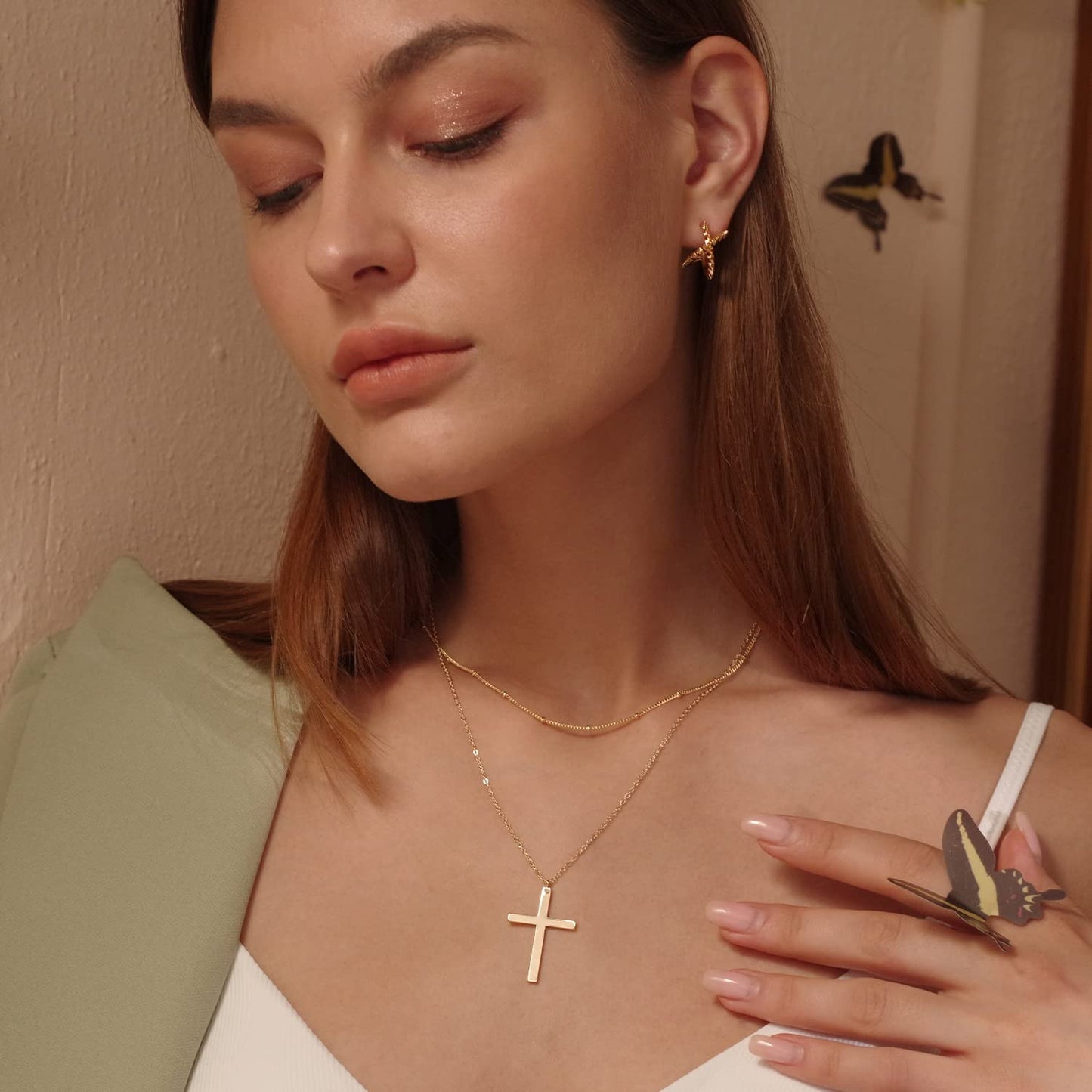 MEVECCO Gold Layered Cross Necklace for Women,18K Gold Plated Cute Faith/Jesus Charm Satellite Bead Chain Necklace