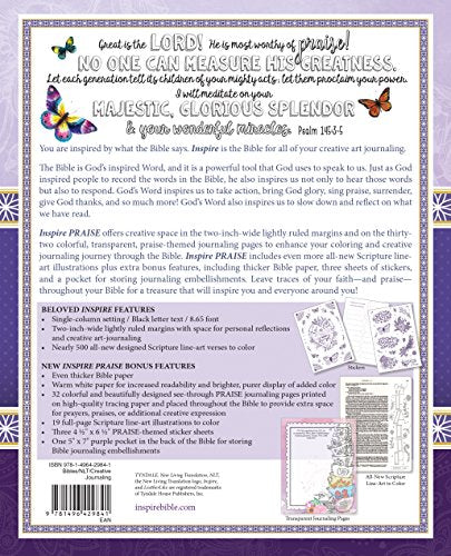 Tyndale NLT Inspire PRAISE Bible (LeatherLike, Purple Garden): Coloring Bible–Over 500 Illustrations to Color and Creative Journaling Bible Space, Religious Gifts That Inspire Connection with God