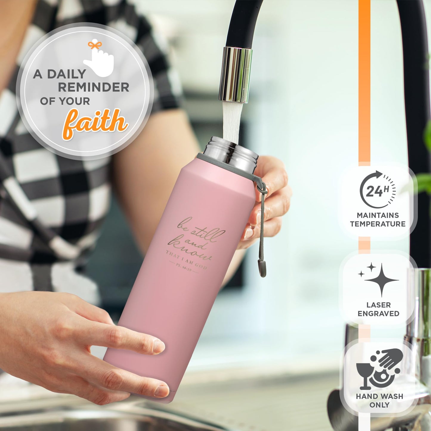 Christian Art Gifts Insulated Stainless Steel Double Wall Vacuum Sealed Water Bottle for Women: Be Still & Know - Psalm 46:10 Inspirational Bible Verse for Hot/Cold Liquids All Day, Pink, 24 fl. oz.