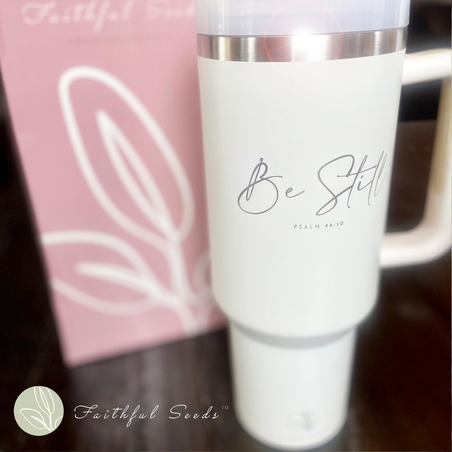 Faithful Seeds Christian Simple Modern 40 oz Tumbler with Handle and Straw - Inspirational Religious Gifts for Women - Stainless Steel Vacuum-Insulated Christian Tumbler for Mom, Grandma, Sister