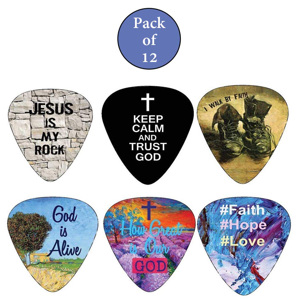 Christian Guitar Picks - 12 pack - Bible Inspirational Messages - Celluloid Medium by NewEights Best Gift for Church Pastor Worship Team Baptism