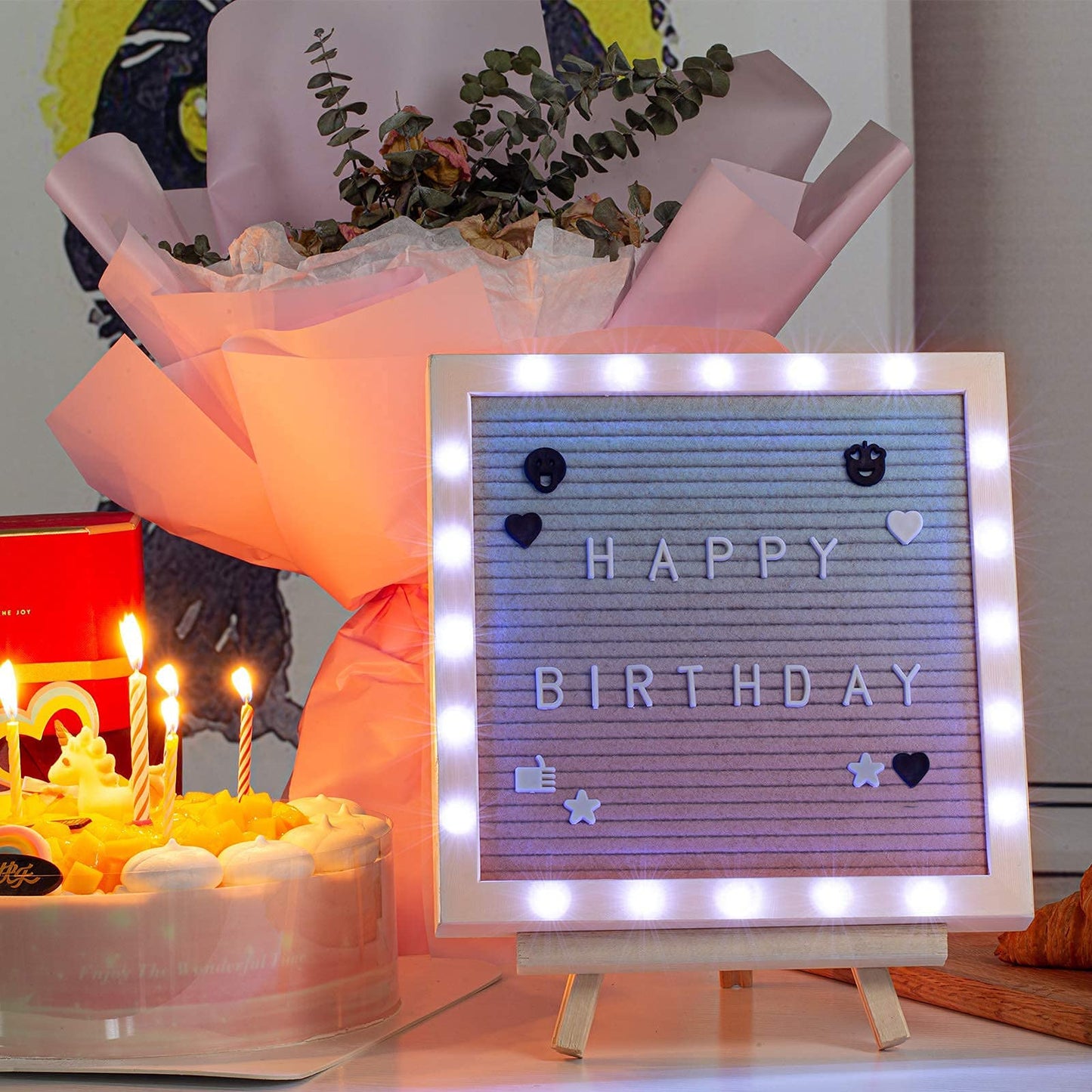 LED Gradient Felt Letter Board Sign Lights, 10in × 10in Changeable Message Board with 470 Black & White Pre-Cut Letters for Christmas Birthday Gifts Baby Showers Wedding Party Decor