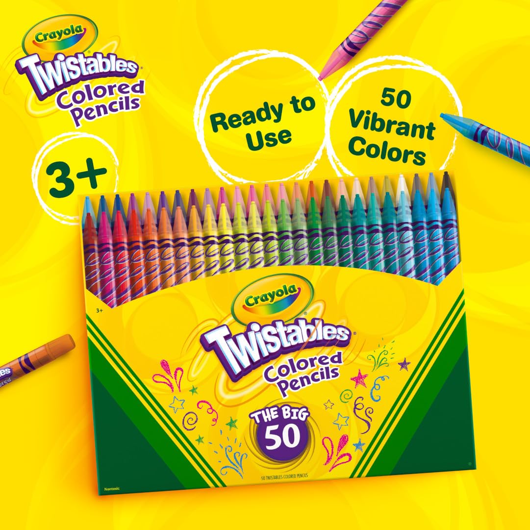 Crayola Twistables Colored Pencil Set (50ct), No Sharpen Colored Pencils For Kids, Coloring Book Pencils, Stocking Stuffers for Kids, Holiday Gift, 4+