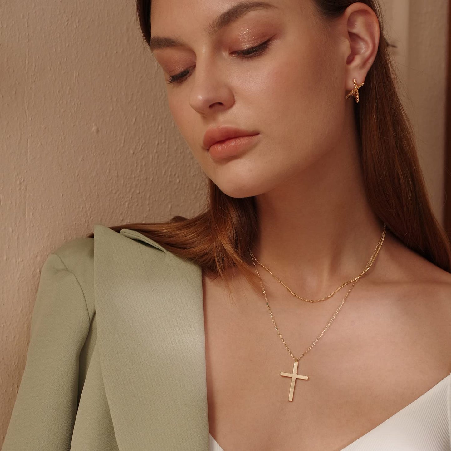 MEVECCO Gold Layered Cross Necklace for Women,18K Gold Plated Cute Faith/Jesus Charm Satellite Bead Chain Necklace