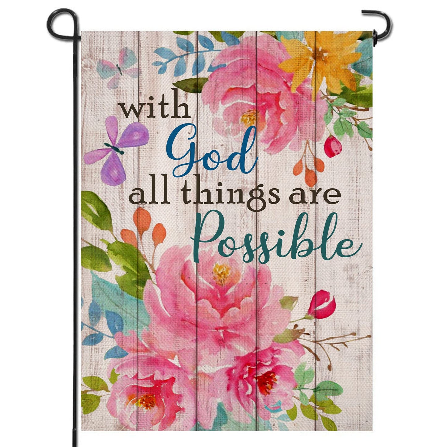 Artofy with God all Things are Possible Christian Home Decorative Garden Flag, Spring Summer Religious House Yard Outdoor Peony Flower, Inspirational Butterfly Outside Farmhouse Small Decor 12 x 18