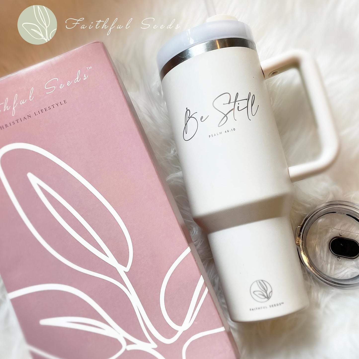 Faithful Seeds Christian Simple Modern 40 oz Tumbler with Handle and Straw - Inspirational Religious Gifts for Women - Stainless Steel Vacuum-Insulated Christian Tumbler for Mom, Grandma, Sister