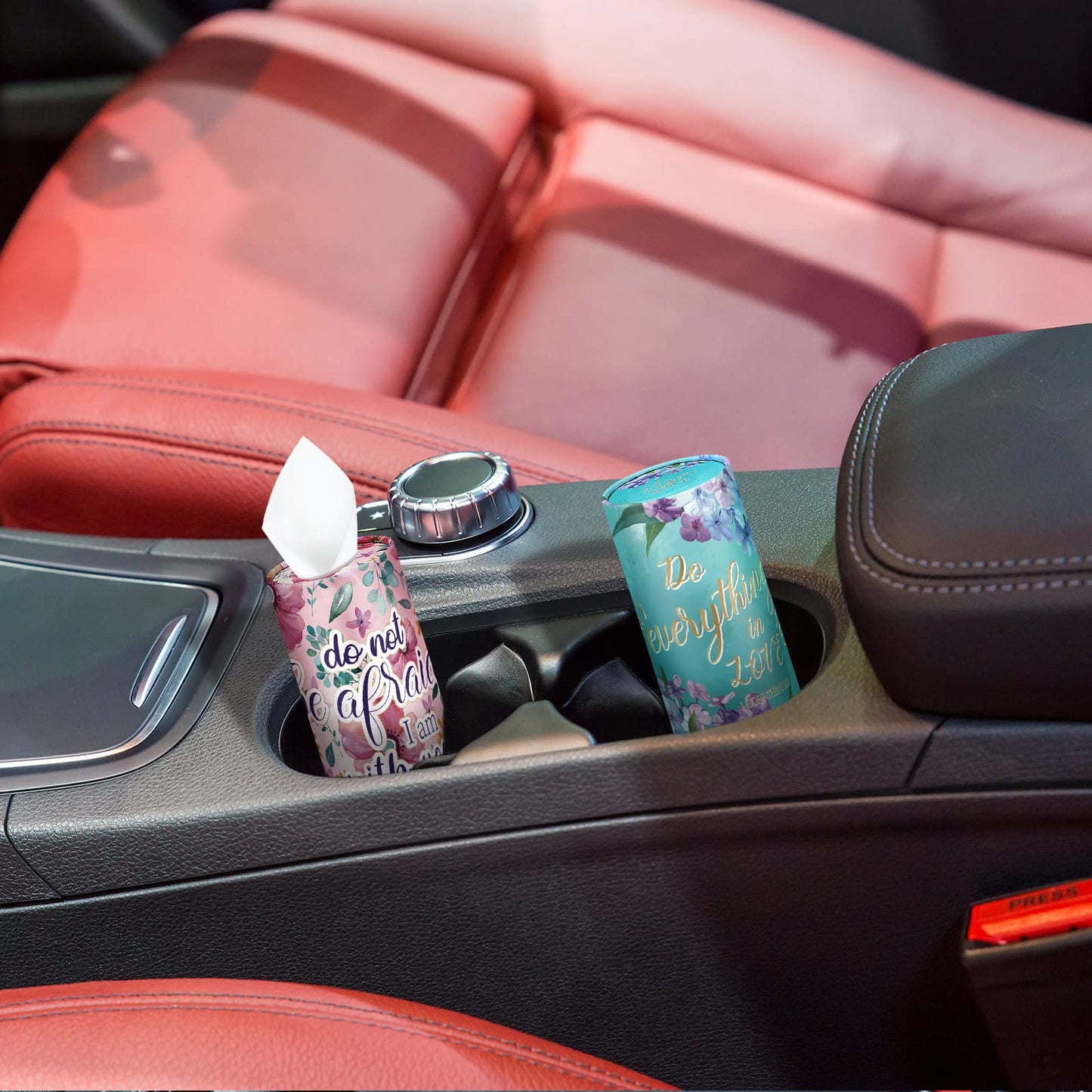 12 Pcs Christian Gifts Cylinder Car Tissues Boxes Religious Quotes Car Napkins Round Disposable Tissues Boxes Travel Facial Tissues Boxes for Car Cup Holder Tissues Box Round Container (Blossom)