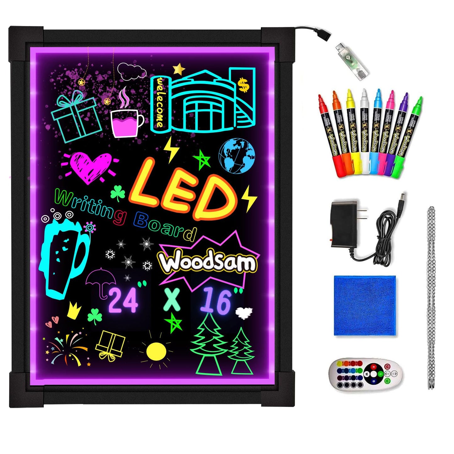 Woodsam LED Drawing Painting Board - 24" x 16" Erasable Non Porous Glass Surface with 8 Fluorescent Window Markers-Best for Chalkboard Blackboard Whiteboard Bulletin/Letter/Spelling/Display/Menu Board