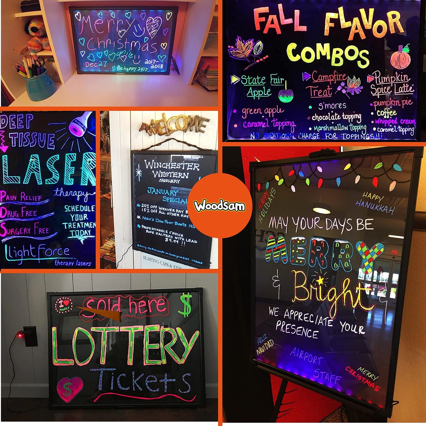 Woodsam LED Drawing Painting Board - 24" x 16" Erasable Non Porous Glass Surface with 8 Fluorescent Window Markers-Best for Chalkboard Blackboard Whiteboard Bulletin/Letter/Spelling/Display/Menu Board