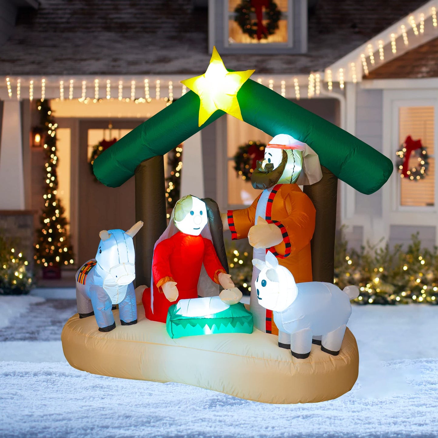 Hourleey Christmas Decorations Outdoor, Inflatables Nativity Scene Sets 5.5 FT Length and 5.5 FT Height, Lighted Blow Up Decor for Indoor Home Yard Clearance