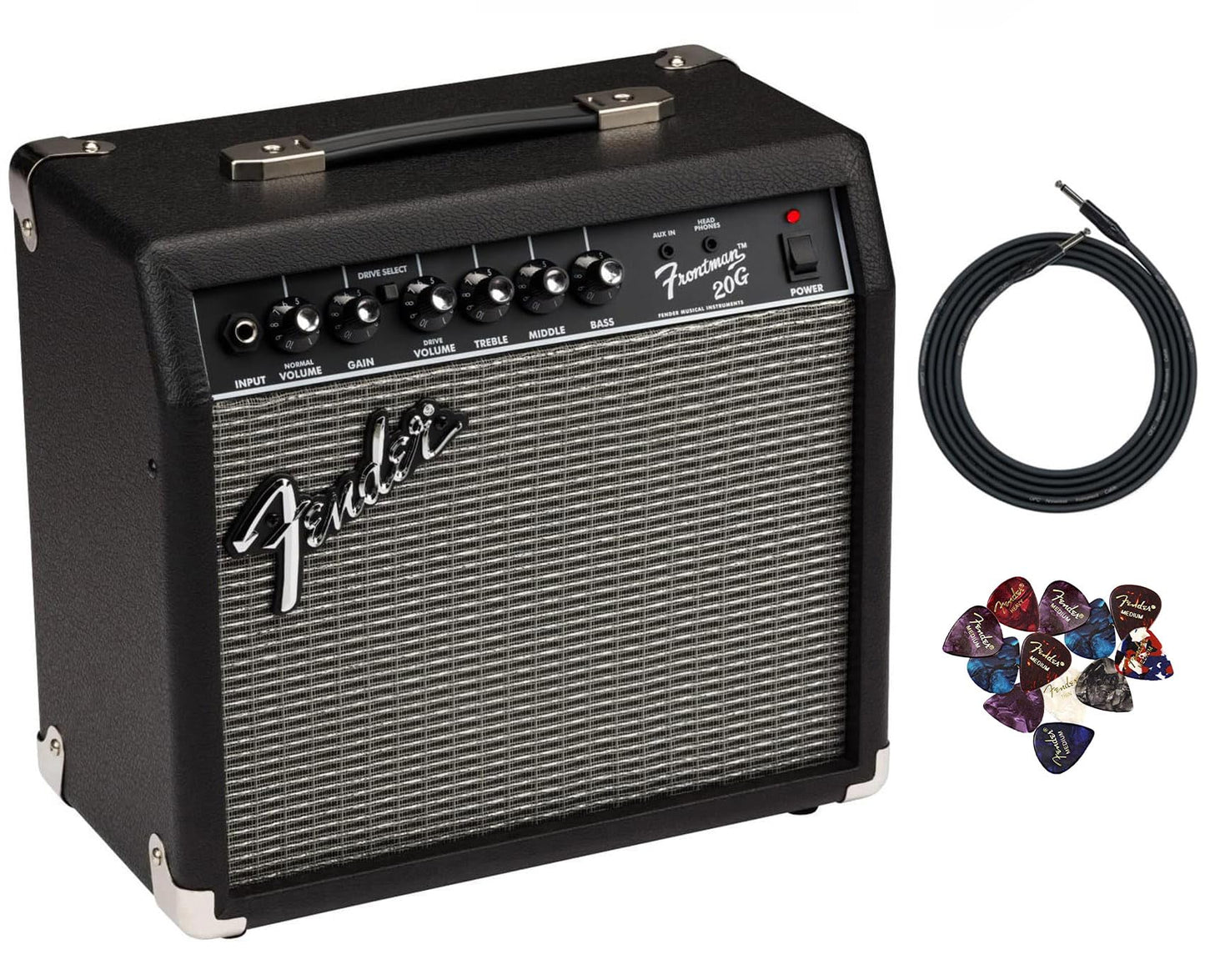 Fender Frontman 20G Guitar Combo Amplifier - Black Bundle with Cable and Austin Bazaar Exclusive 12-Pack Picks