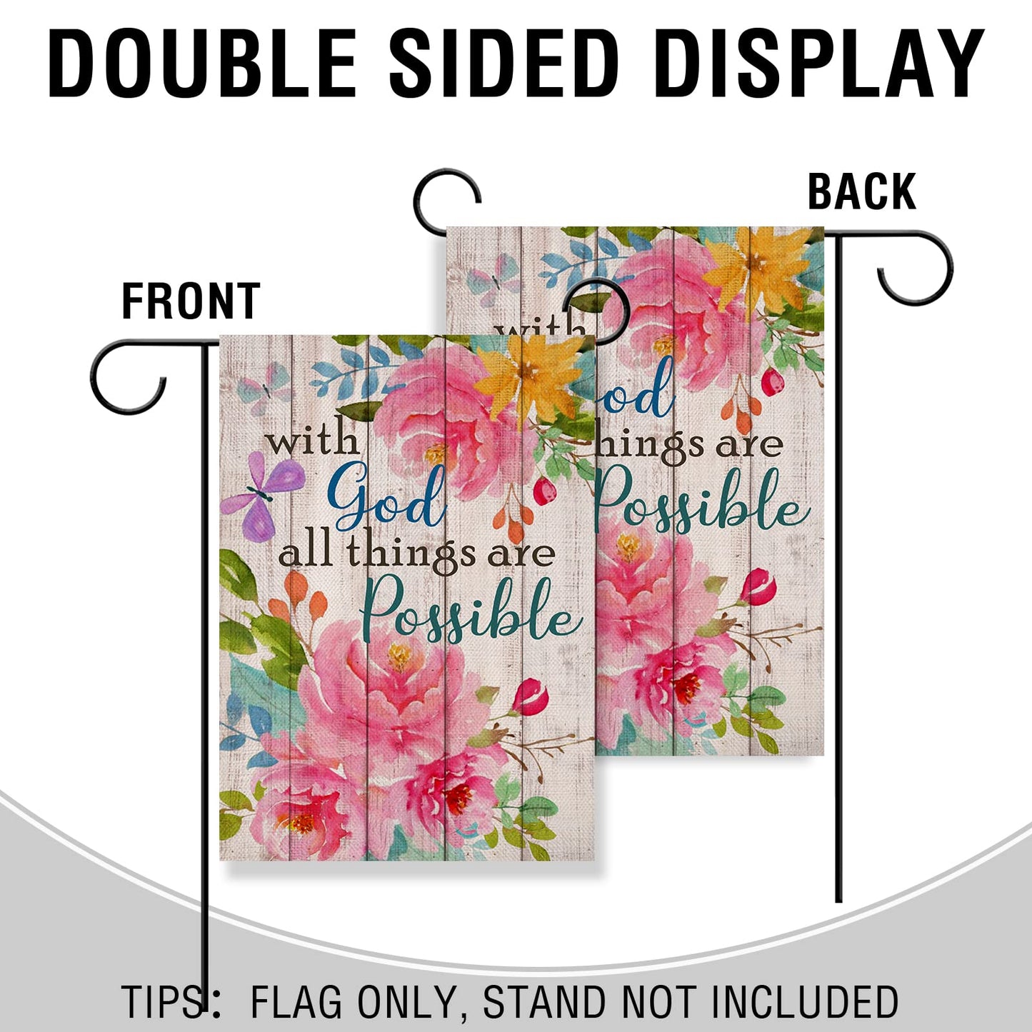 Artofy with God all Things are Possible Christian Home Decorative Garden Flag, Spring Summer Religious House Yard Outdoor Peony Flower, Inspirational Butterfly Outside Farmhouse Small Decor 12 x 18