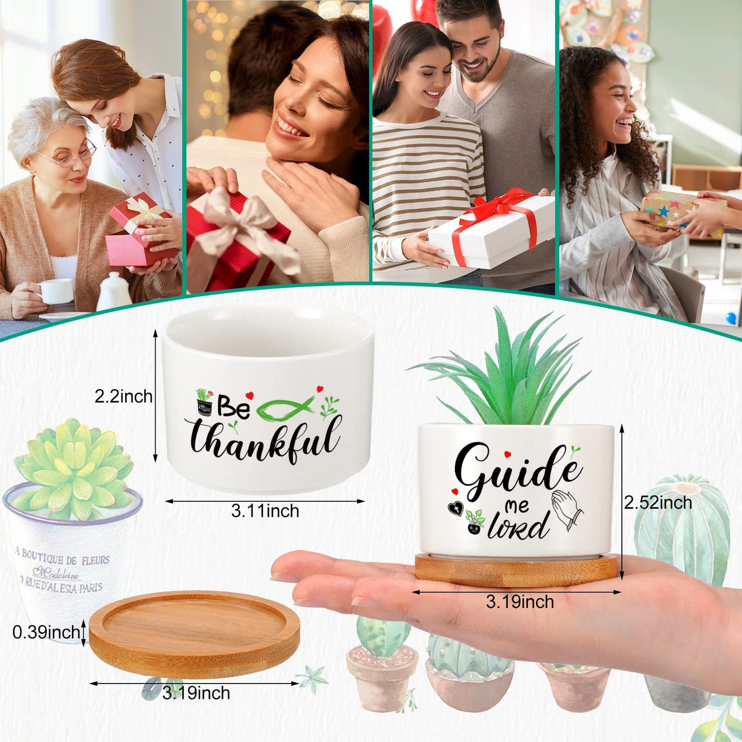 6 Pcs Christian Bible Verse Gifts Set Funny Succulent Plant Pot with Bamboo Tray Ceramic Funny Planter Succulent Accessories Cute Plants Pots for Women Teacher Coworker Birthday Gifts (Bible Style)