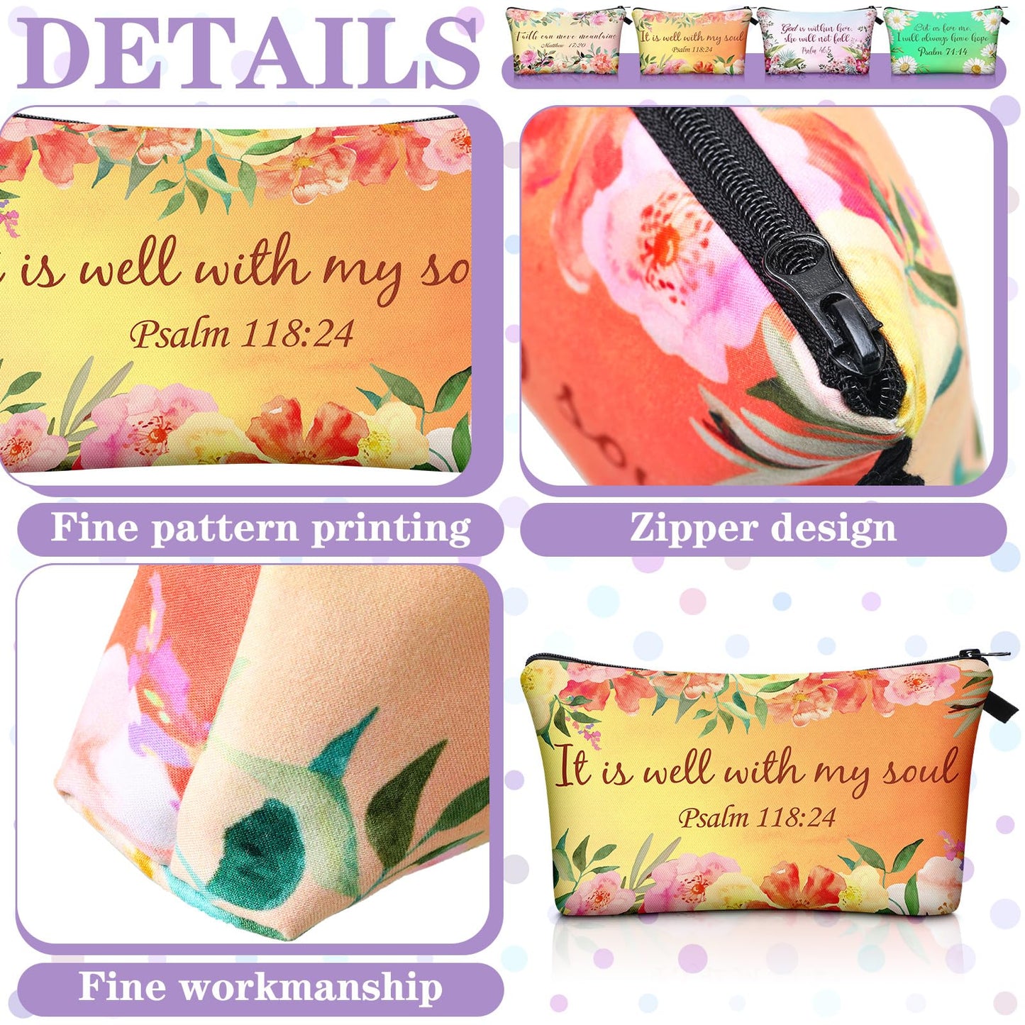 Chunful 12 Pcs Inspirational Christian Bags Bulk for Women Bible Verse Cosmetic Bag Pencil Pouch Gift Zippered Flower Organizer for Student Office Journaling Supplies, 7.48 x 4.72 Inch(Stylish)