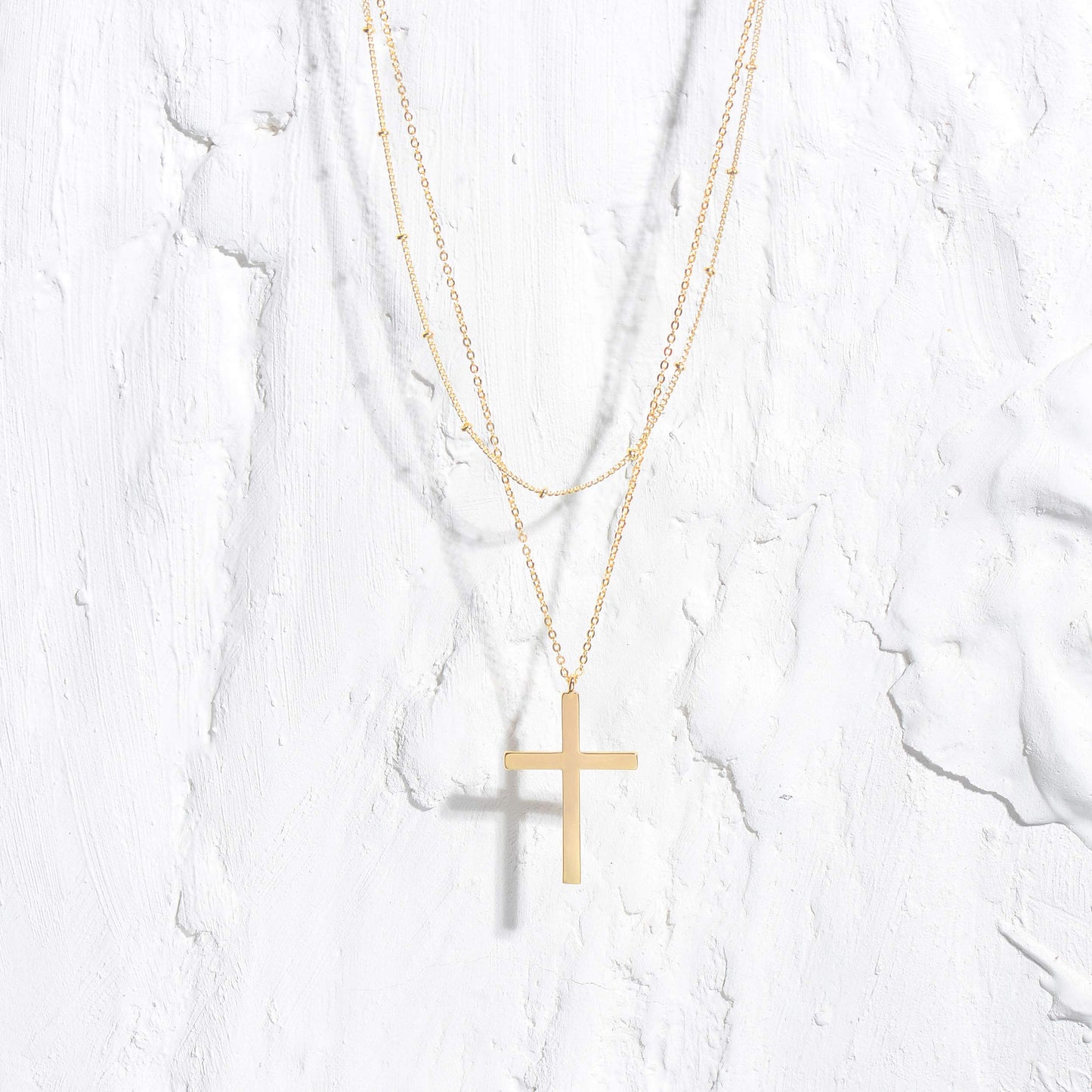 MEVECCO Gold Layered Cross Necklace for Women,18K Gold Plated Cute Faith/Jesus Charm Satellite Bead Chain Necklace