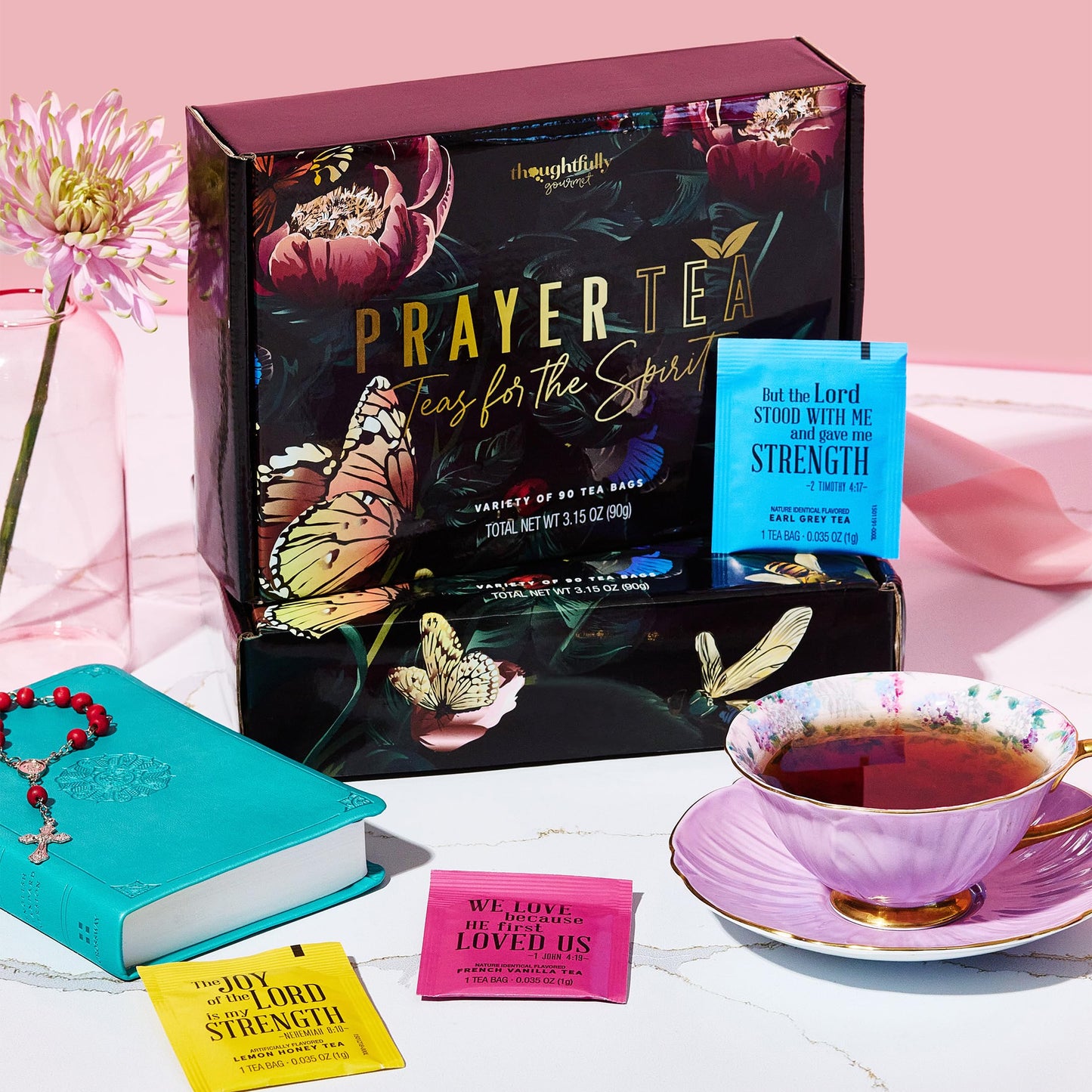 Thoughtfully Gourmet, Tea Affirmations Christian Prayer Gift Set, Includes 6 Flavours of Tea with Bible Verses from Psalms and Other Books to Rejoice, Pack of 90