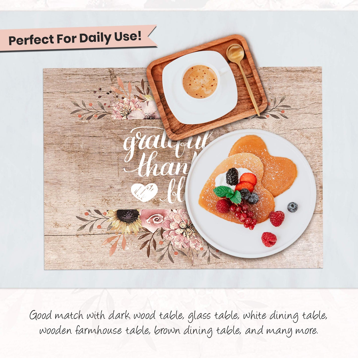 Blissful Living Set of 4 Placemats, Stain Resistant - Decorate Your Kitchen Table with Our Beautiful Rectangle pad placemat (Thankful Wood)