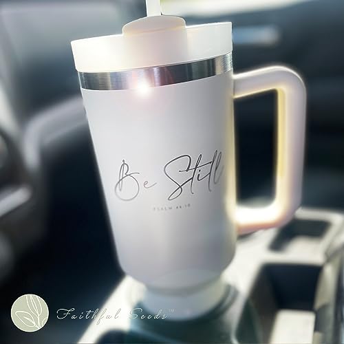 Faithful Seeds Christian Simple Modern 40 oz Tumbler with Handle and Straw - Inspirational Religious Gifts for Women - Stainless Steel Vacuum-Insulated Christian Tumbler for Mom, Grandma, Sister