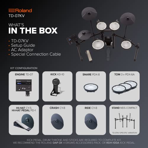 Roland TD-07KV Electronic V-Drums Kit – Legendary Dual-Ply All Mesh Head kit with superior expression and playability – Bluetooth Audio & MIDI – USB for recording audio and MIDI data – 40 FREE Melodic