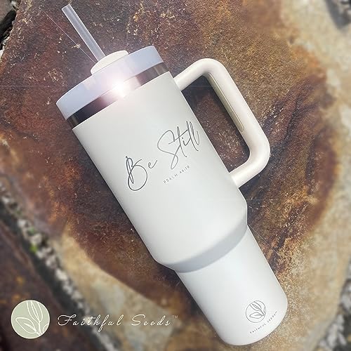 Faithful Seeds Christian Simple Modern 40 oz Tumbler with Handle and Straw - Inspirational Religious Gifts for Women - Stainless Steel Vacuum-Insulated Christian Tumbler for Mom, Grandma, Sister