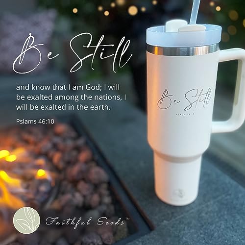 Faithful Seeds Christian Simple Modern 40 oz Tumbler with Handle and Straw - Inspirational Religious Gifts for Women - Stainless Steel Vacuum-Insulated Christian Tumbler for Mom, Grandma, Sister