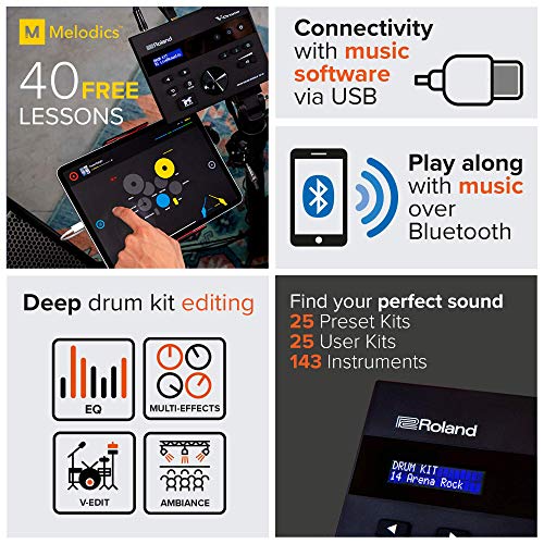 Roland TD-07KV Electronic V-Drums Kit – Legendary Dual-Ply All Mesh Head kit with superior expression and playability – Bluetooth Audio & MIDI – USB for recording audio and MIDI data – 40 FREE Melodic