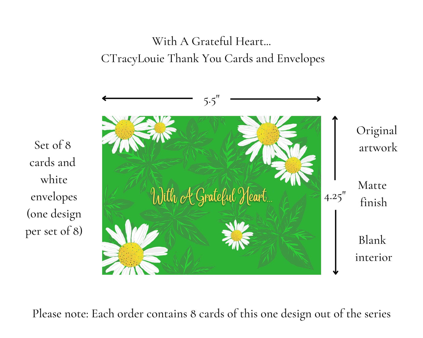 With A Grateful Heart... CTracyLouie Thank You Cards + Envelope, Set of 8, Original Artwork, Blank Interior