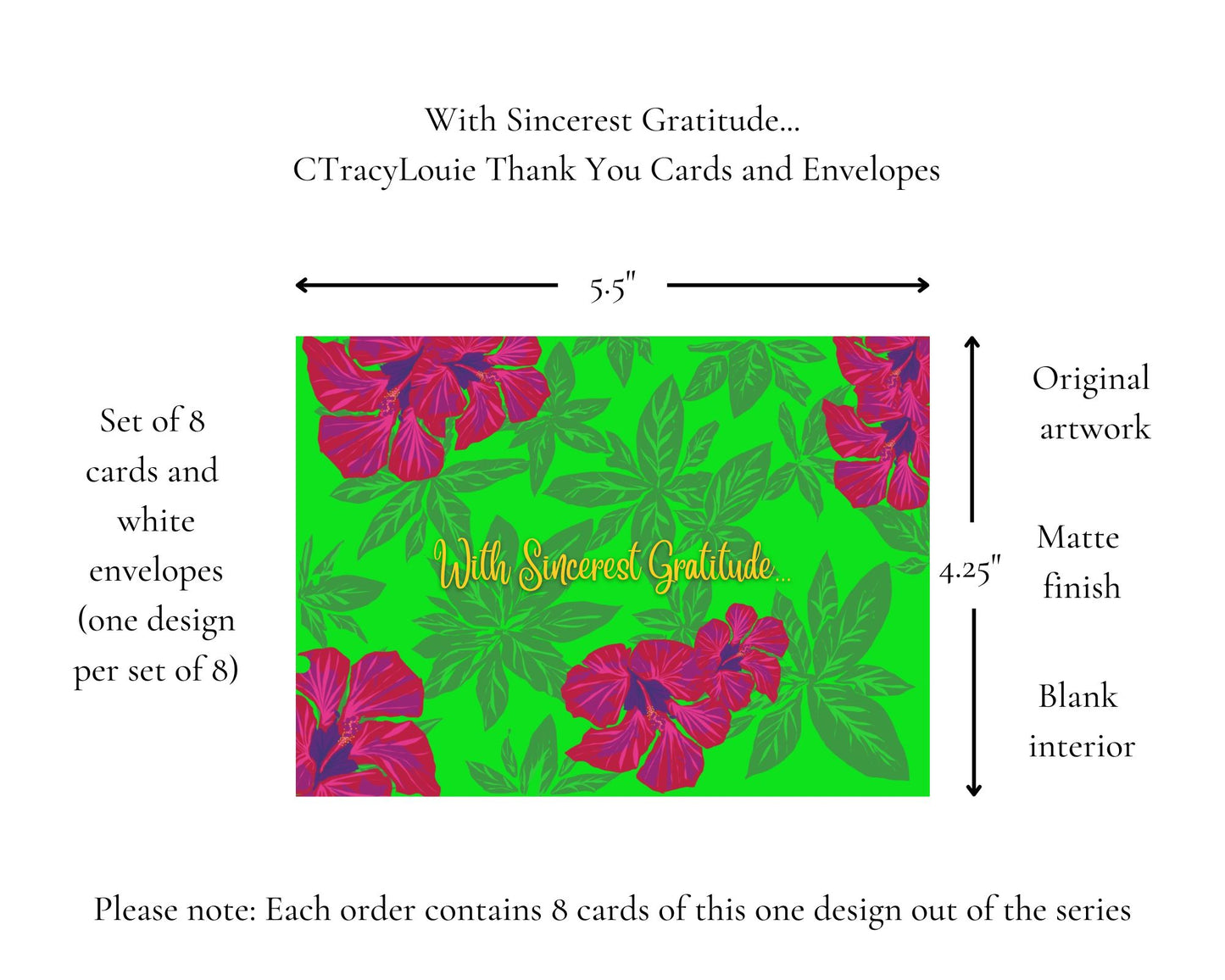 With Sincerest Gratitude... CTracyLouie Thank You Cards + Envelope, Set of 8, Original Artwork, Blank Interior