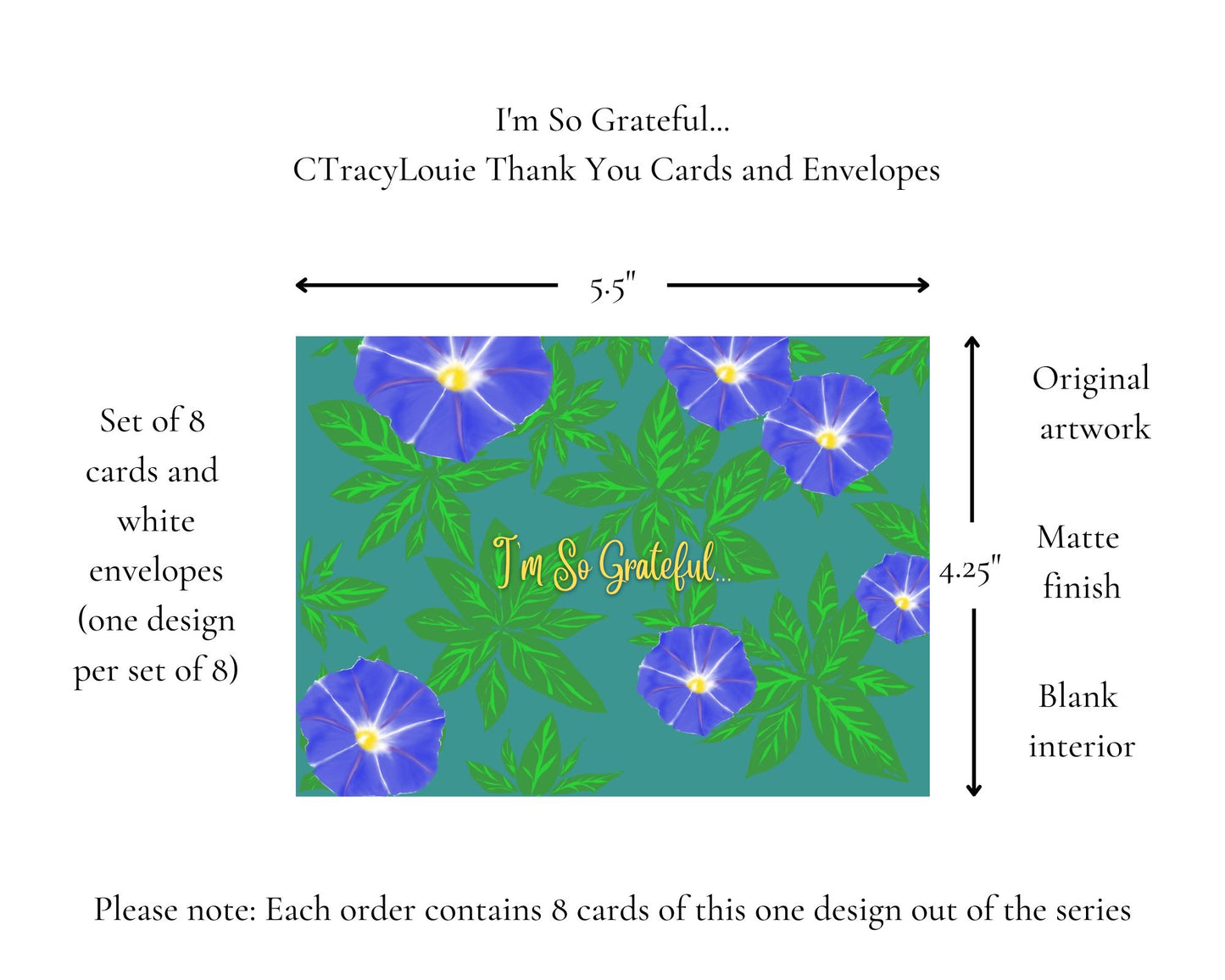I'm So Grateful... CTracyLouie Thank You Cards + Envelope, Set of 8, Original Artwork, Blank Interior