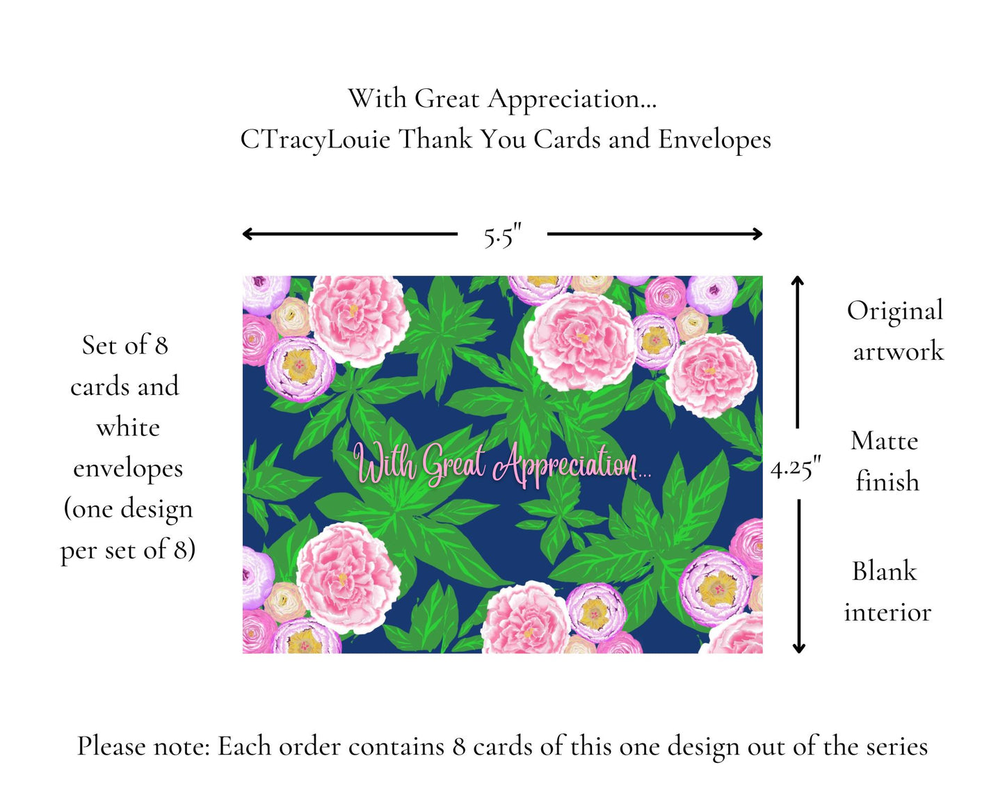 With Great Appreciation... CTracyLouie Thank You Cards + Envelope, Set of 8, Original Artwork, Blank Interior