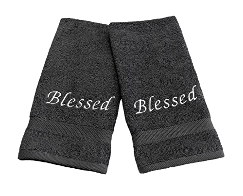 Liberty21 Embroidered Hand Towels with Inspirational Message: Blessed (1 Set of 2 Hand Towels) for Bathroom, Kitchen or Spa. (Dark Grey)