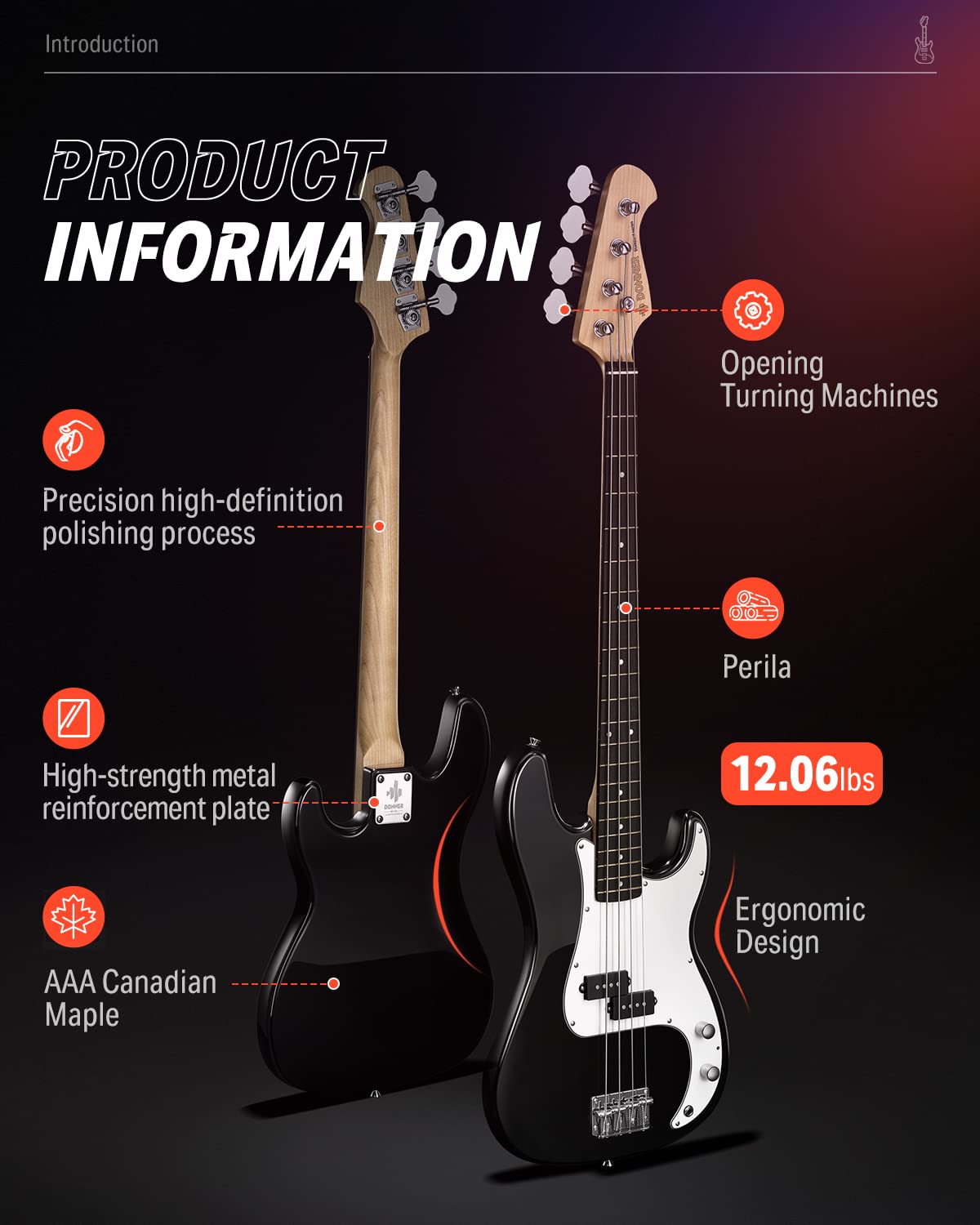Donner Electric Bass Guitar 4 Strings Full-Size Standard Bass PB-Style Beginner Kit Black for Starter with Free Online Lesson Gig Bag Guitar Strap and Guitar Cable, DPB-510D