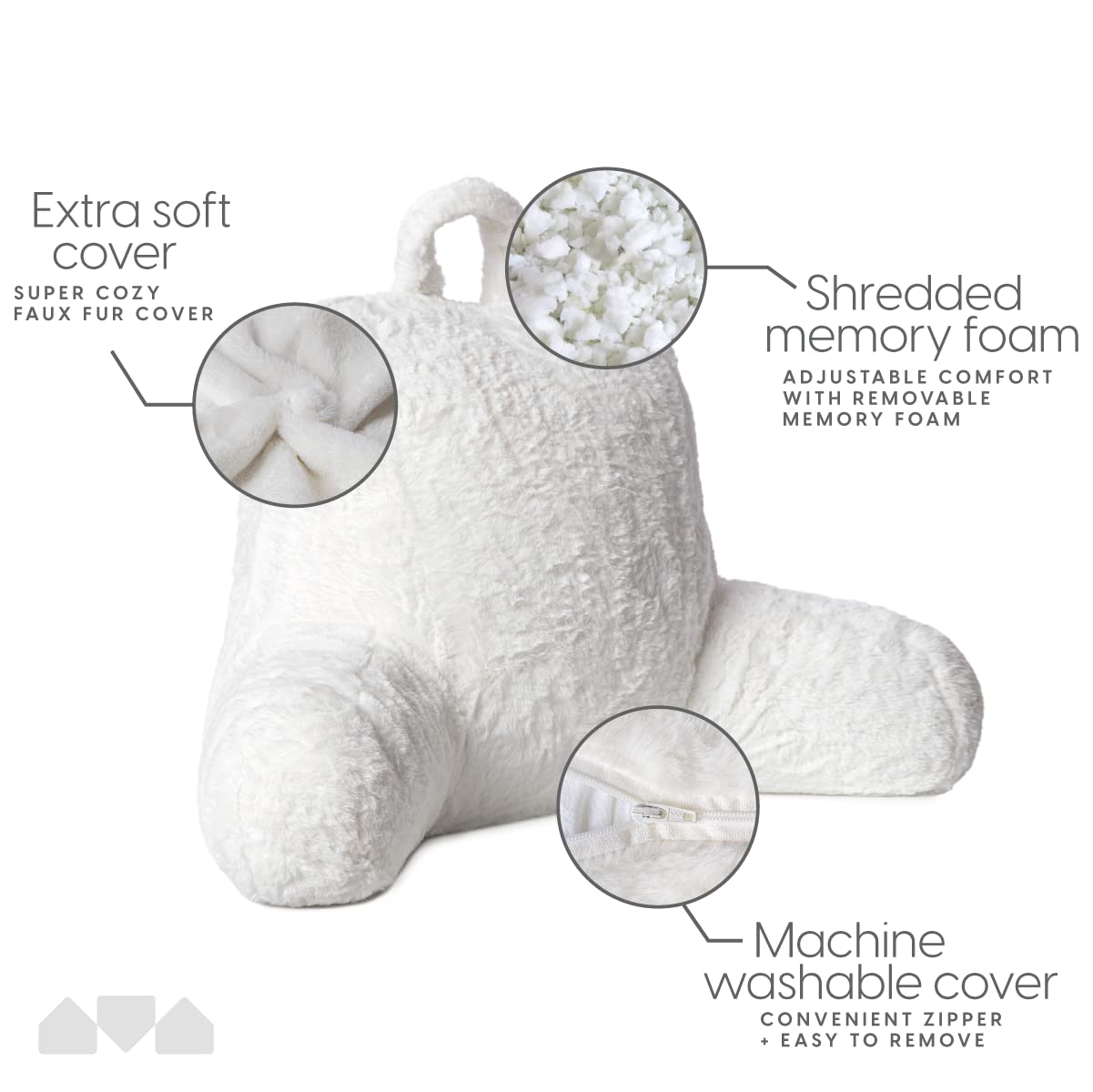 Milliard Reading Pillow, Sit Up Pillow for Bed, Back Rest Pillow, with Faux Fur, Removable Cover, 8x15 inches, Made with Shredded Memory Foam (White)