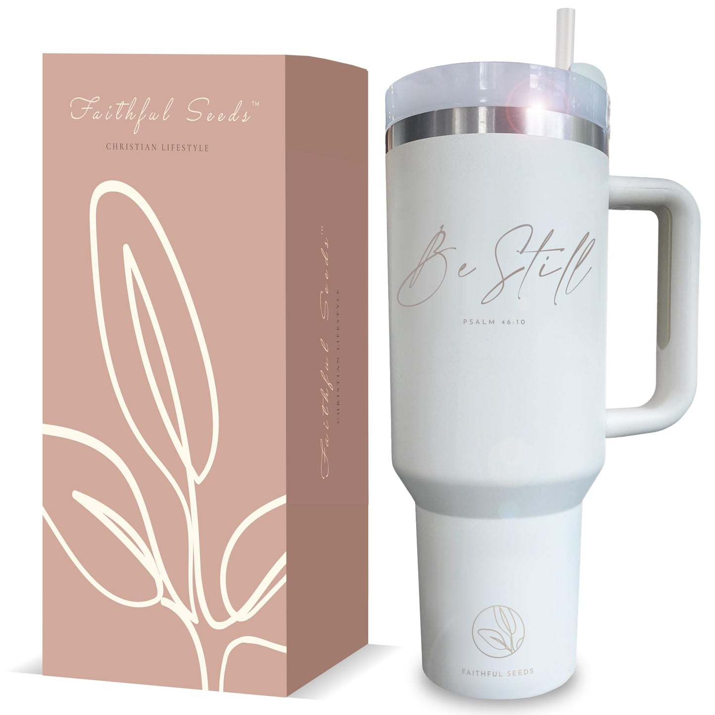 Faithful Seeds Christian Simple Modern 40 oz Tumbler with Handle and Straw - Inspirational Religious Gifts for Women - Stainless Steel Vacuum-Insulated Christian Tumbler for Mom, Grandma, Sister