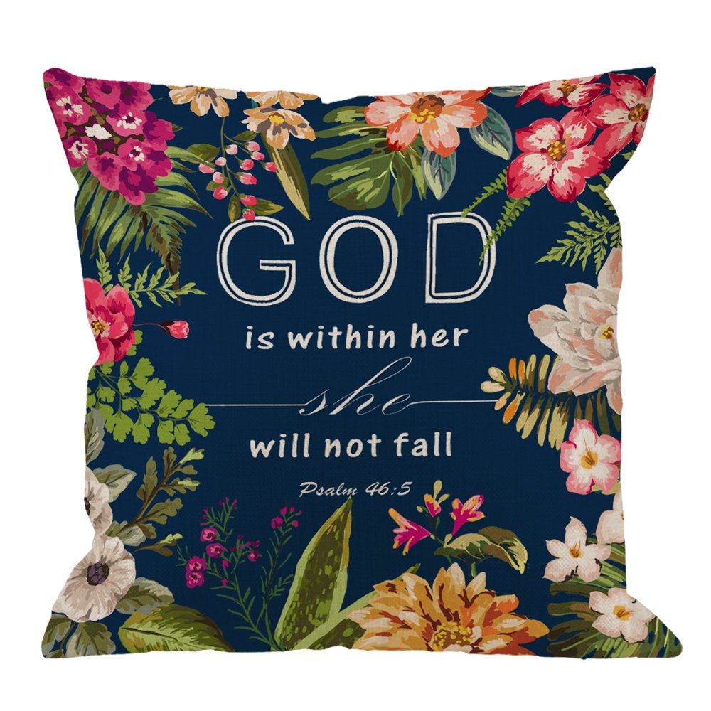 HGOD DESIGNS Flowers Pillow Covers Christian Quotes Throw Pillow Case,Bible Verses God is Within Her She Will Not Fall Psalm 46 10 Cotton Linen Square Pillow Cover for Men/Women/18x18 inch