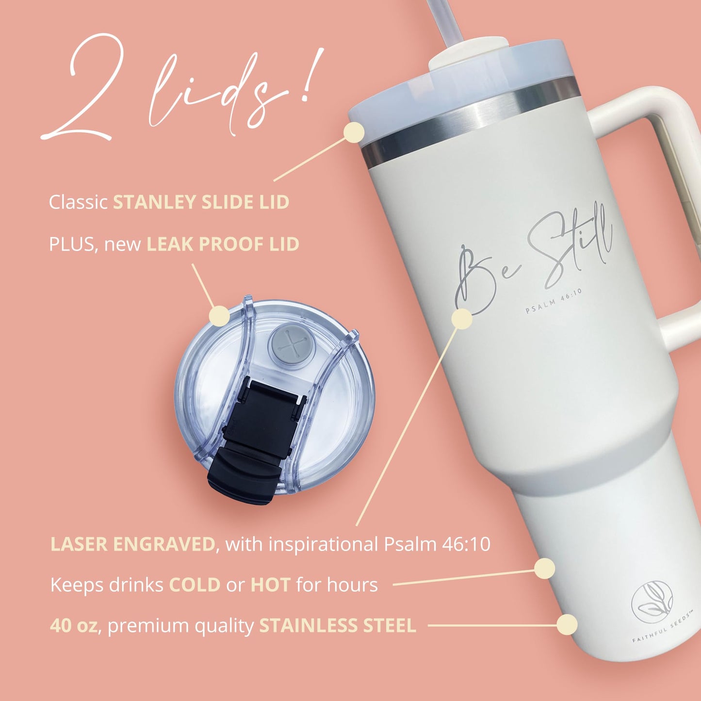 Faithful Seeds Christian Simple Modern 40 oz Tumbler with Handle and Straw - Inspirational Religious Gifts for Women - Stainless Steel Vacuum-Insulated Christian Tumbler for Mom, Grandma, Sister