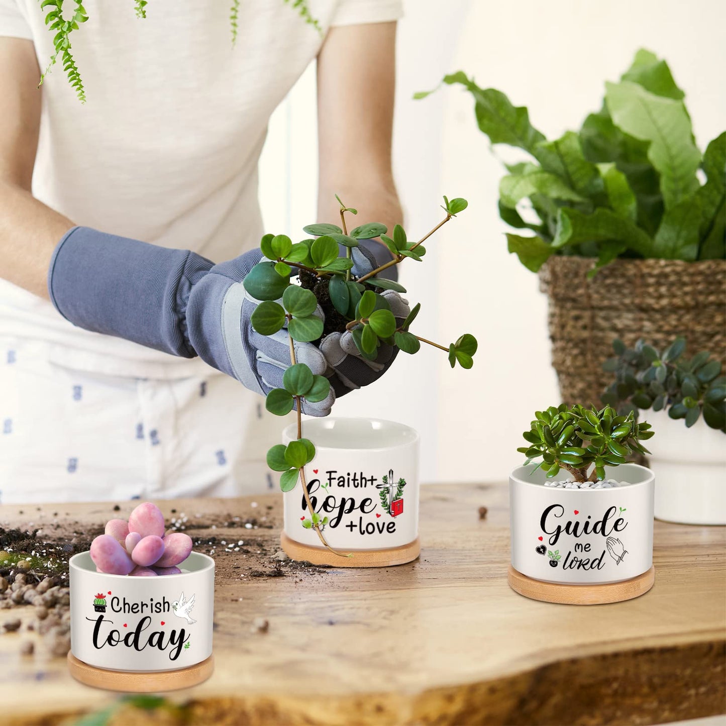 6 Pcs Christian Bible Verse Gifts Set Funny Succulent Plant Pot with Bamboo Tray Ceramic Funny Planter Succulent Accessories Cute Plants Pots for Women Teacher Coworker Birthday Gifts (Bible Style)