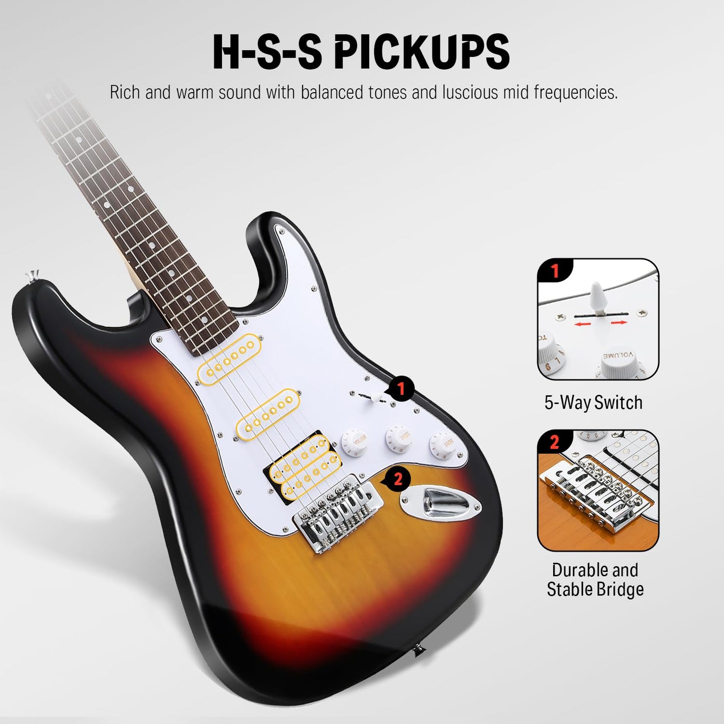 Donner DST-100S 39 Inch Full Size Electric Guitar Kit Solid Body Sunburst, Beginner Starter, with Amplifier, Bag, Capo, Strap, String, Tuner, Cable, Picks