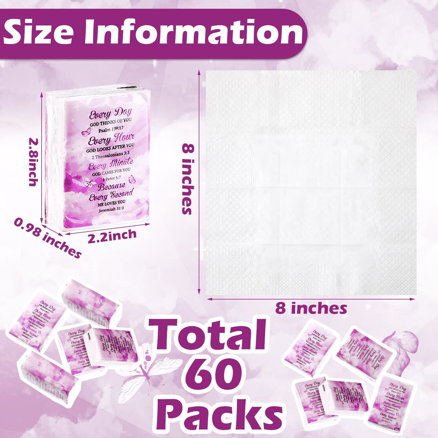 60 Pack Christian Facial Tissues Pocket Size Facial Tissues with Bible Verse Wallet Tissues Travel Tissues Pocket Tissues Travel Size 3 ply Individual Tissue Packs for Wedding Graduation Ceremony