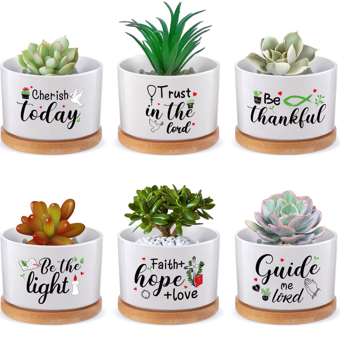6 Pcs Christian Bible Verse Gifts Set Funny Succulent Plant Pot with Bamboo Tray Ceramic Funny Planter Succulent Accessories Cute Plants Pots for Women Teacher Coworker Birthday Gifts (Bible Style)