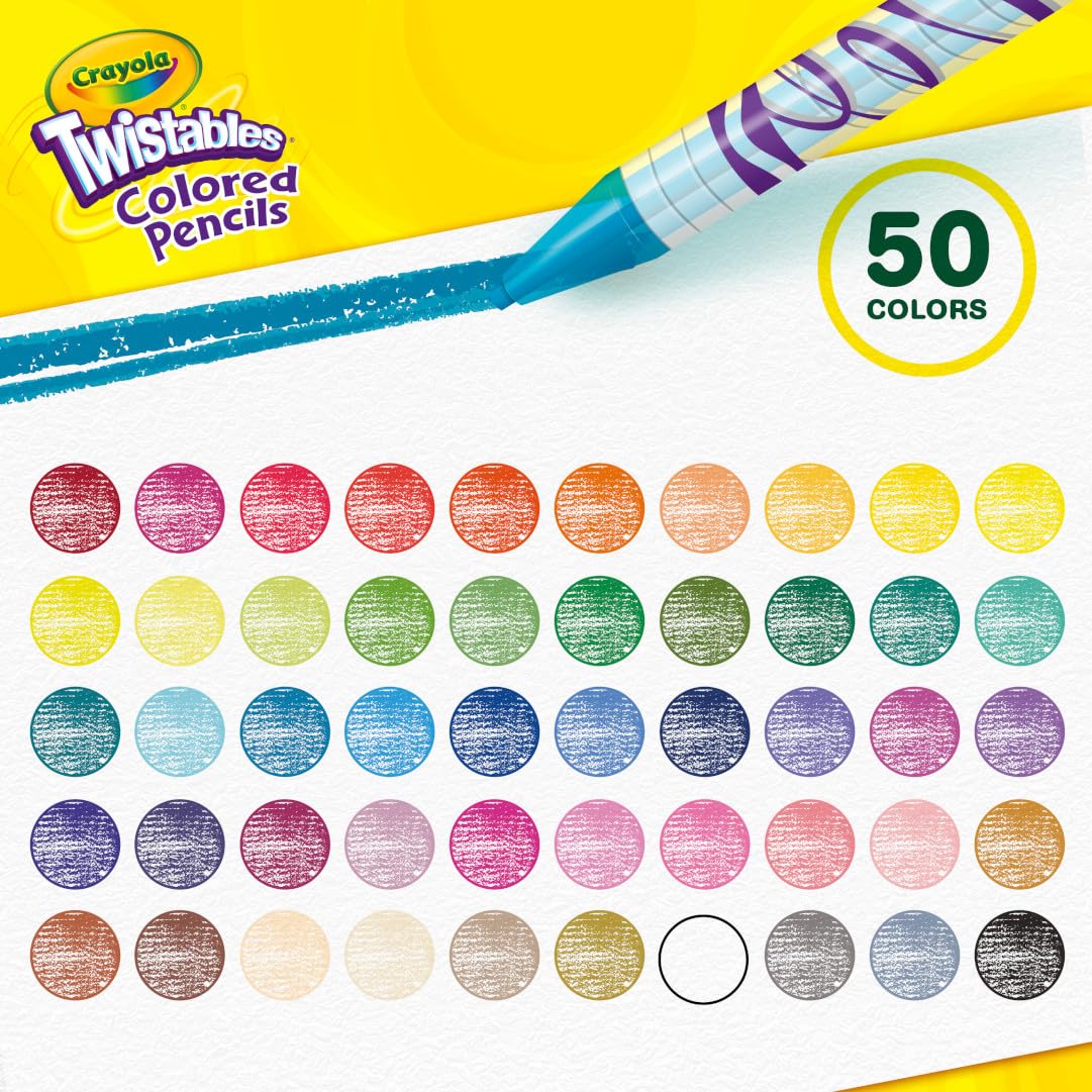 Crayola Twistables Colored Pencil Set (50ct), No Sharpen Colored Pencils For Kids, Coloring Book Pencils, Stocking Stuffers for Kids, Holiday Gift, 4+
