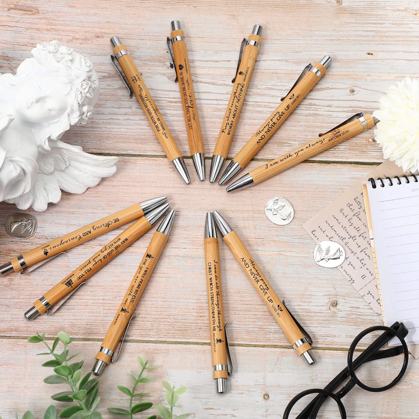 10 Pcs Bible Verse Pens Bamboo Christian Pen Wooden Retractable Bible Pen 1 mm Inspirational Quotes Ballpoint Pen Motivational Pen Bulk for Women Men Office School Supplies Christmas Writing Gifts