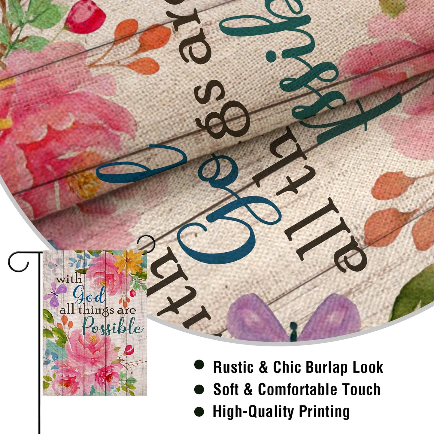 Artofy with God all Things are Possible Christian Home Decorative Garden Flag, Spring Summer Religious House Yard Outdoor Peony Flower, Inspirational Butterfly Outside Farmhouse Small Decor 12 x 18