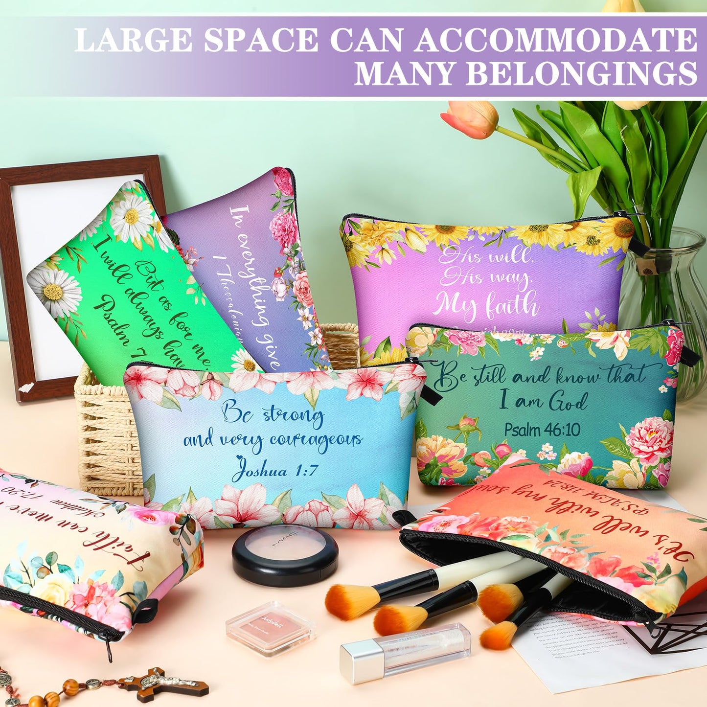 Chunful 12 Pcs Inspirational Christian Bags Bulk for Women Bible Verse Cosmetic Bag Pencil Pouch Gift Zippered Flower Organizer for Student Office Journaling Supplies, 7.48 x 4.72 Inch(Stylish)