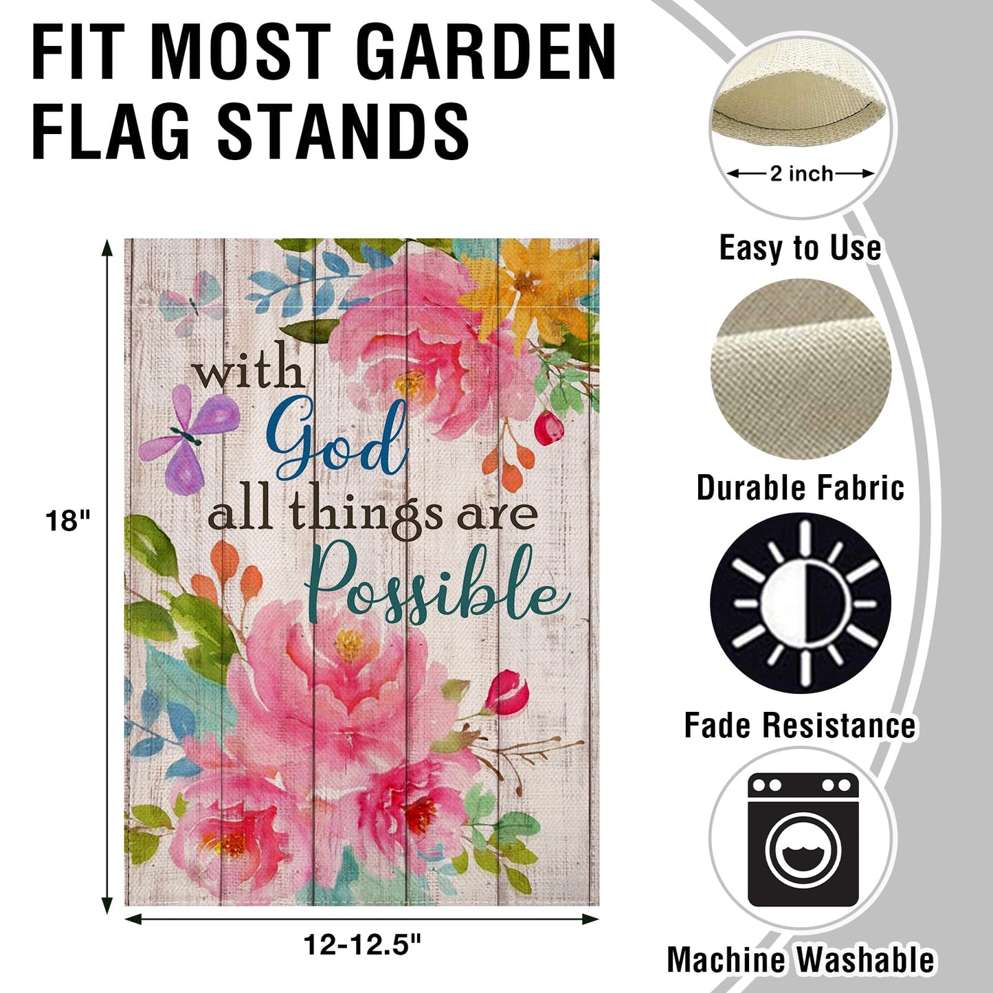 Artofy with God all Things are Possible Christian Home Decorative Garden Flag, Spring Summer Religious House Yard Outdoor Peony Flower, Inspirational Butterfly Outside Farmhouse Small Decor 12 x 18