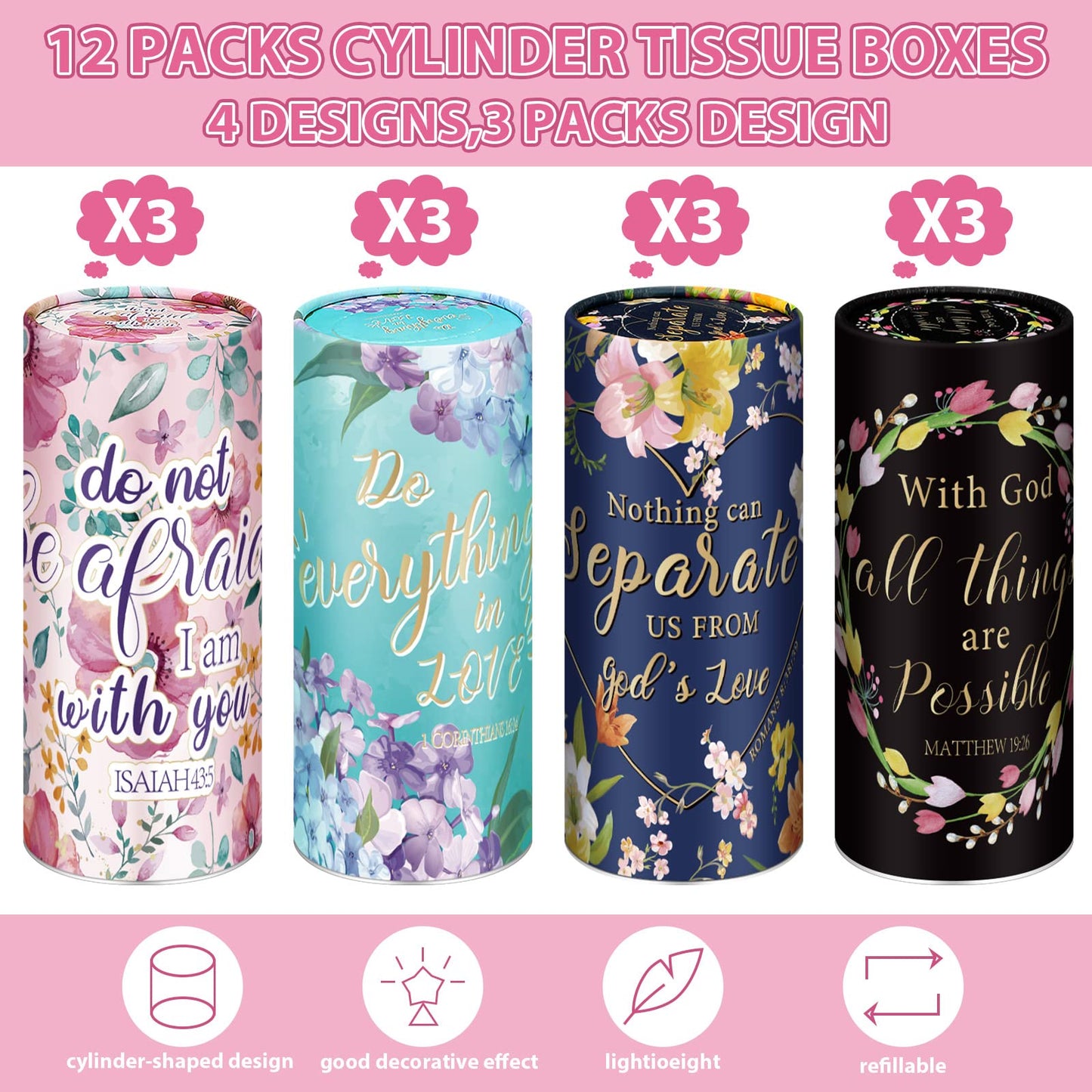 12 Pcs Christian Gifts Cylinder Car Tissues Boxes Religious Quotes Car Napkins Round Disposable Tissues Boxes Travel Facial Tissues Boxes for Car Cup Holder Tissues Box Round Container (Blossom)