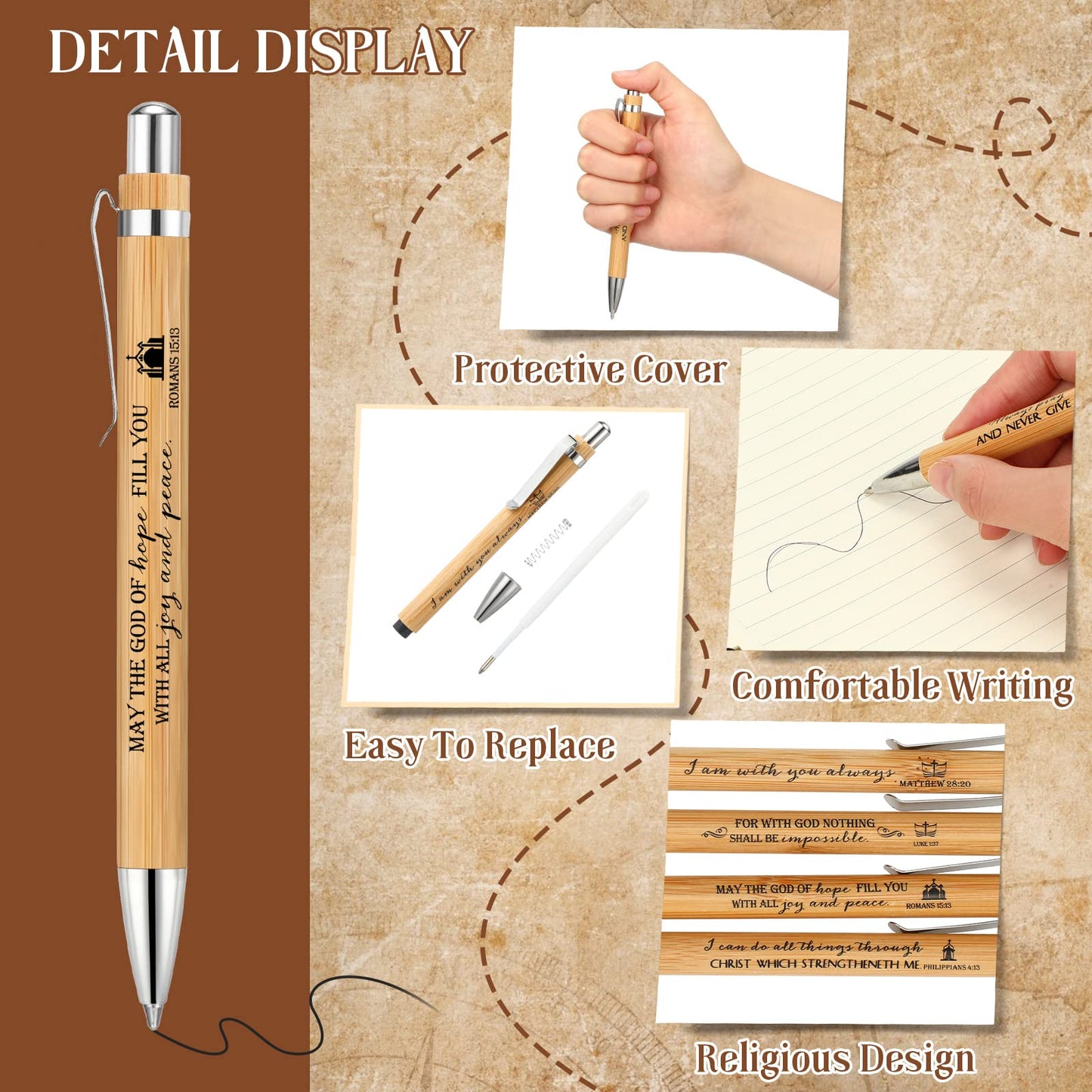 10 Pcs Bible Verse Pens Bamboo Christian Pen Wooden Retractable Bible Pen 1 mm Inspirational Quotes Ballpoint Pen Motivational Pen Bulk for Women Men Office School Supplies Christmas Writing Gifts