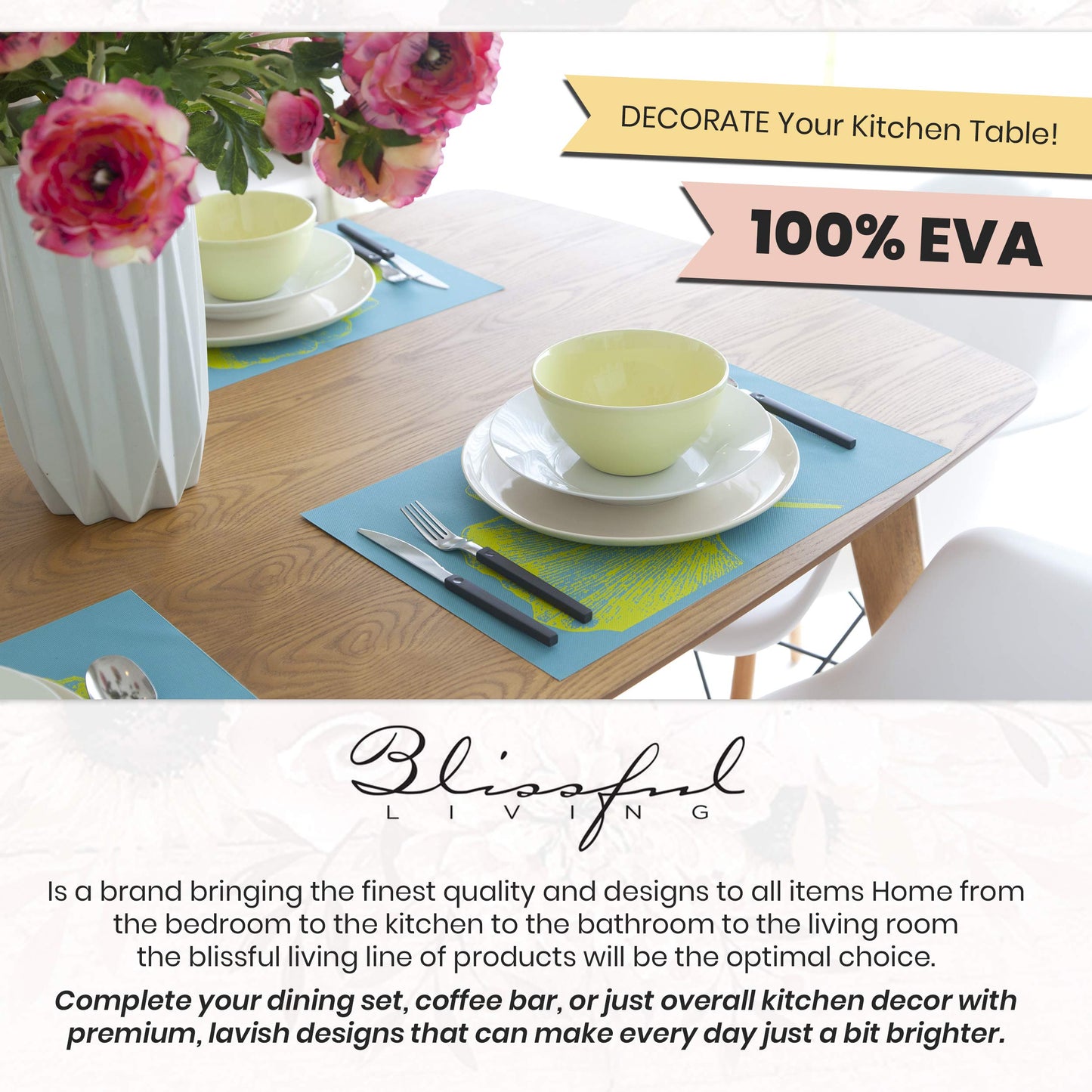 Blissful Living Set of 4 Placemats, Stain Resistant - Decorate Your Kitchen Table with Our Beautiful Rectangle pad placemat (Thankful Wood)