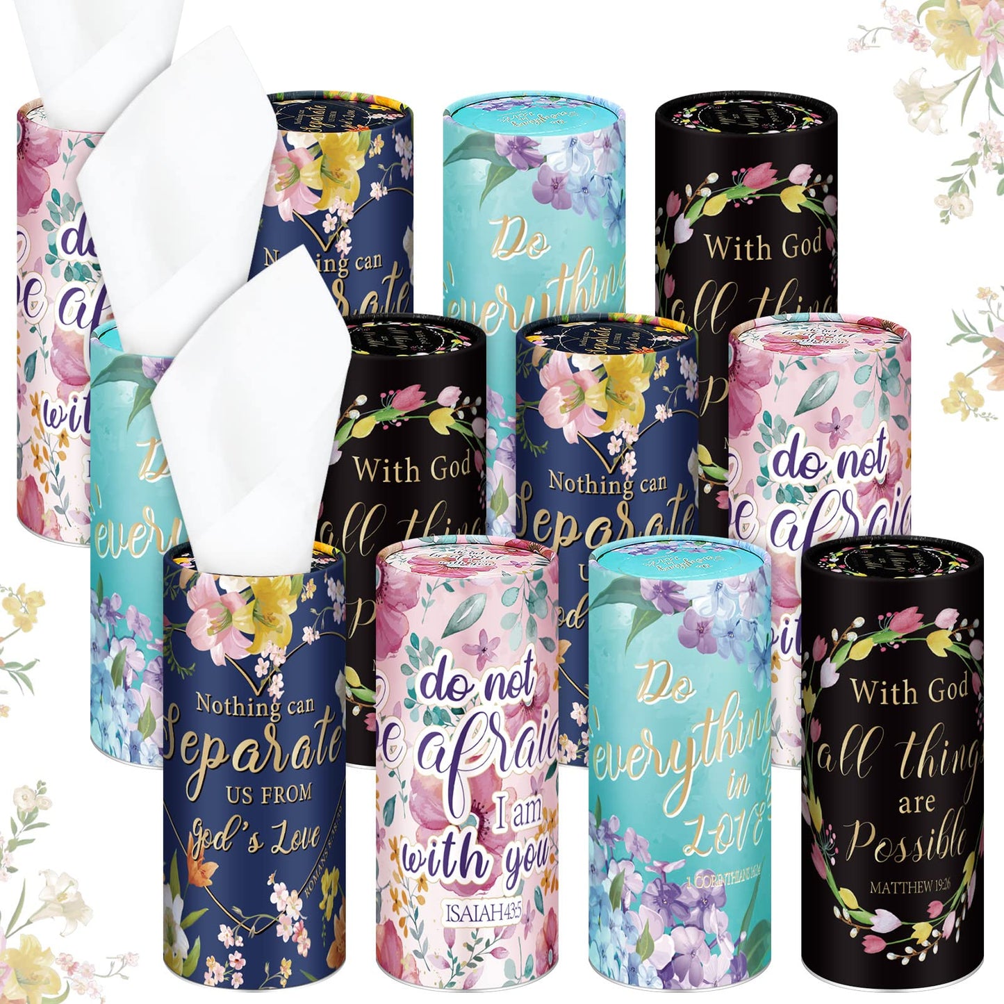 12 Pcs Christian Gifts Cylinder Car Tissues Boxes Religious Quotes Car Napkins Round Disposable Tissues Boxes Travel Facial Tissues Boxes for Car Cup Holder Tissues Box Round Container (Blossom)