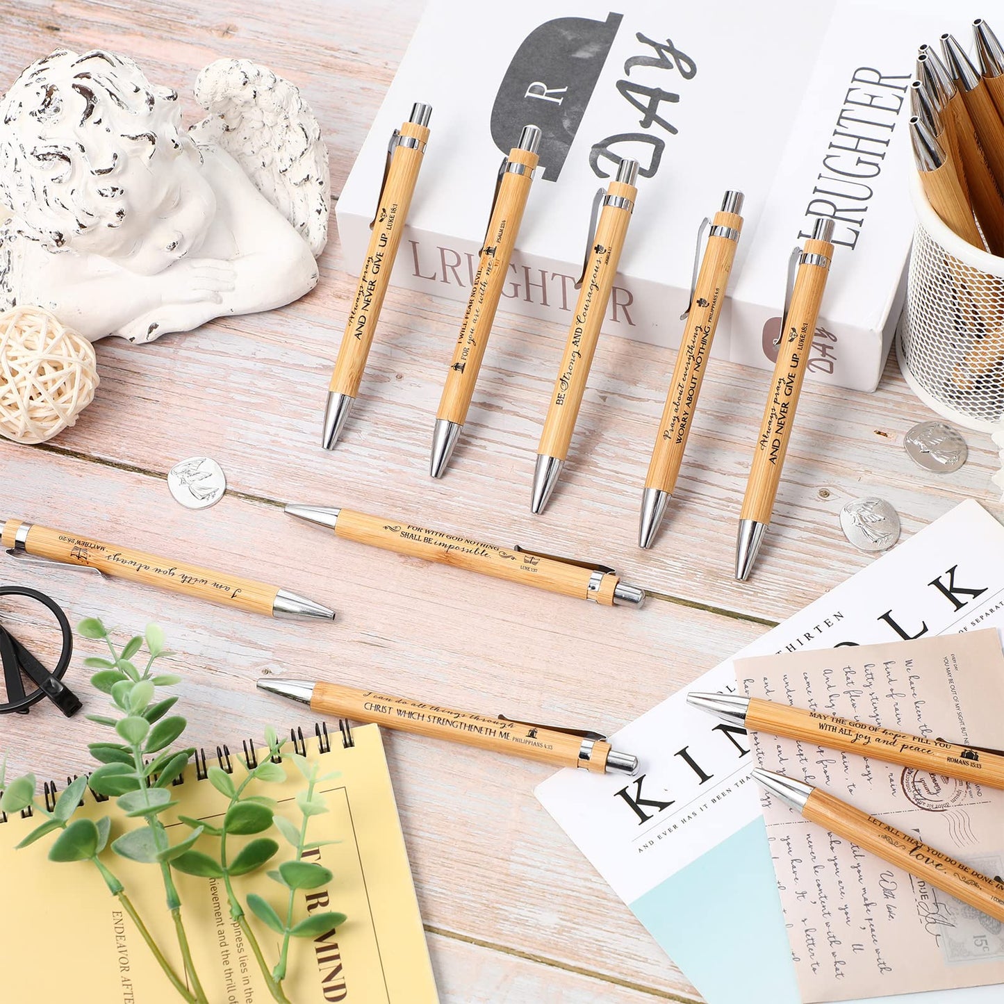 10 Pcs Bible Verse Pens Bamboo Christian Pen Wooden Retractable Bible Pen 1 mm Inspirational Quotes Ballpoint Pen Motivational Pen Bulk for Women Men Office School Supplies Christmas Writing Gifts